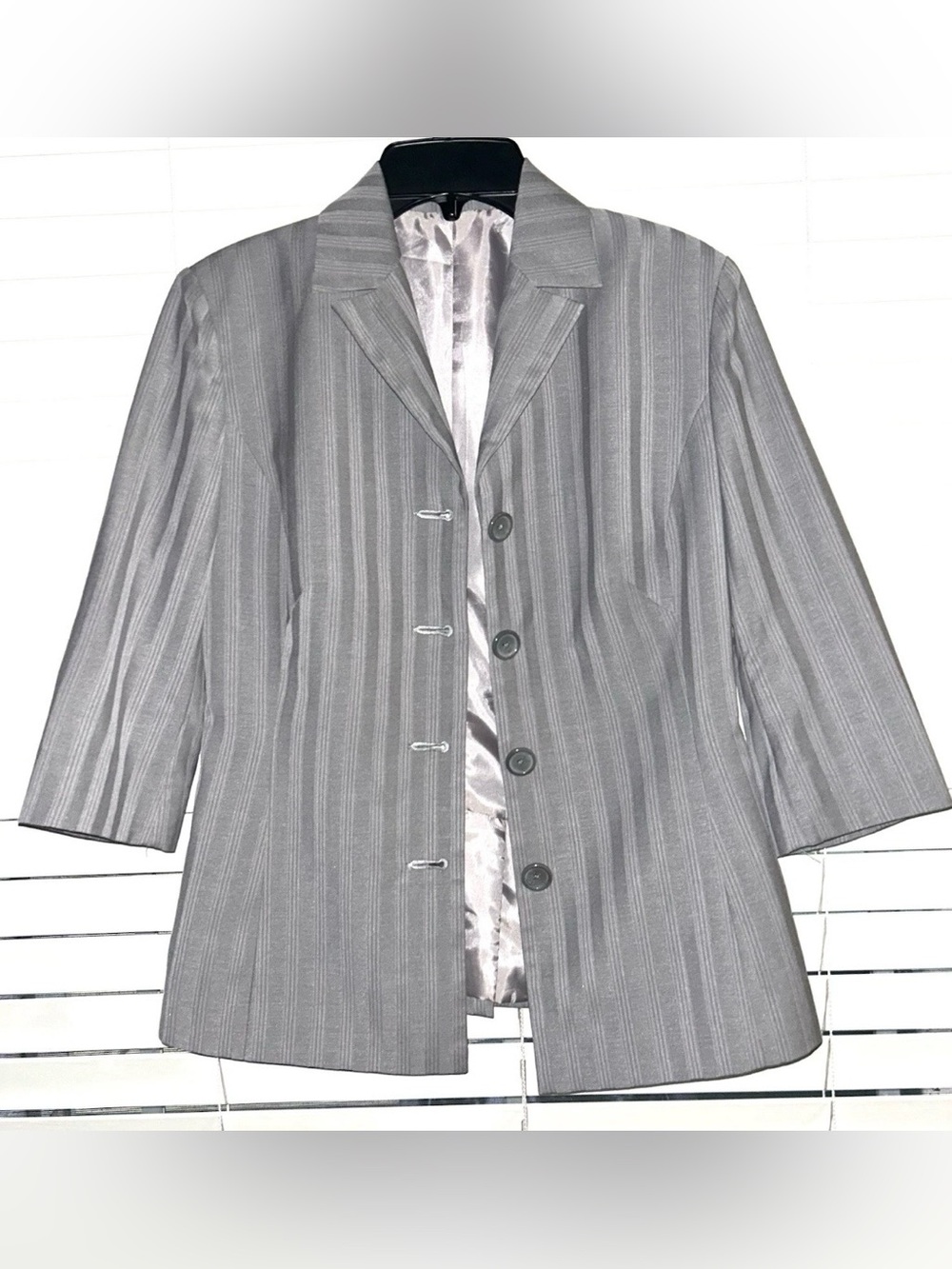 Custom Gray Pinstripe Blazer Lined 3/4 Sleeves Business Office Professional - Picture 2 of 10